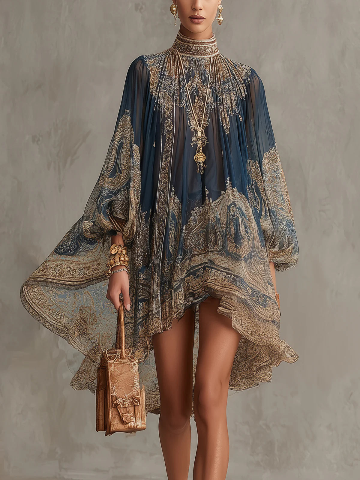 Vestido corto elegante de gasa azul marino con estampado barroco, cuello alto y dobladillo asimétrico