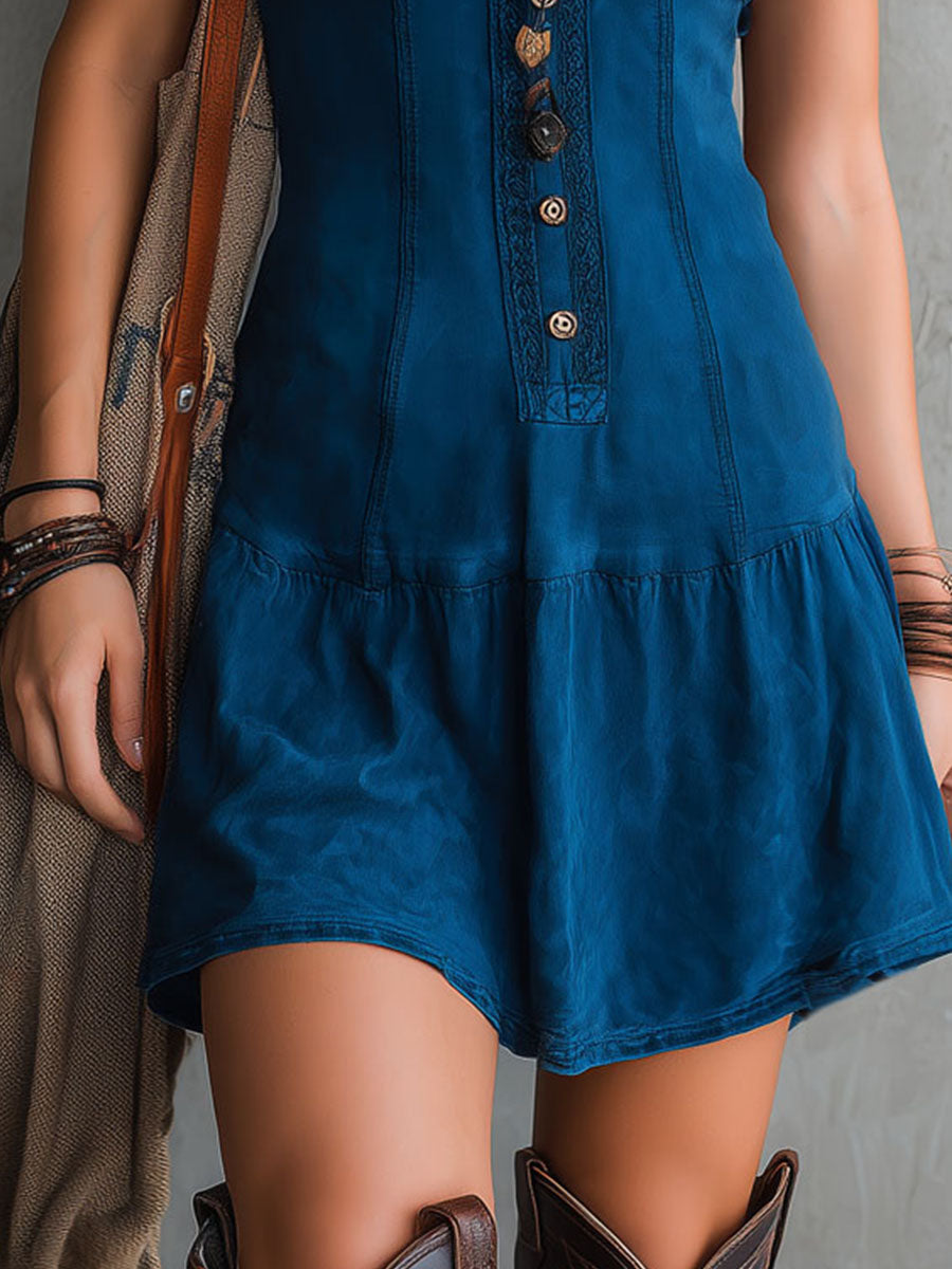 Vestido mini bohemio índigo sin mangas con escote en V y elegantes botones frontales