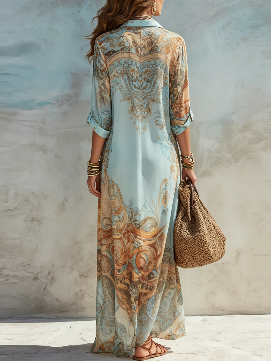 Vestido camisero largo azul con elegante estampado floral