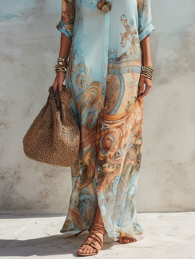 Vestido camisero largo azul con elegante estampado floral