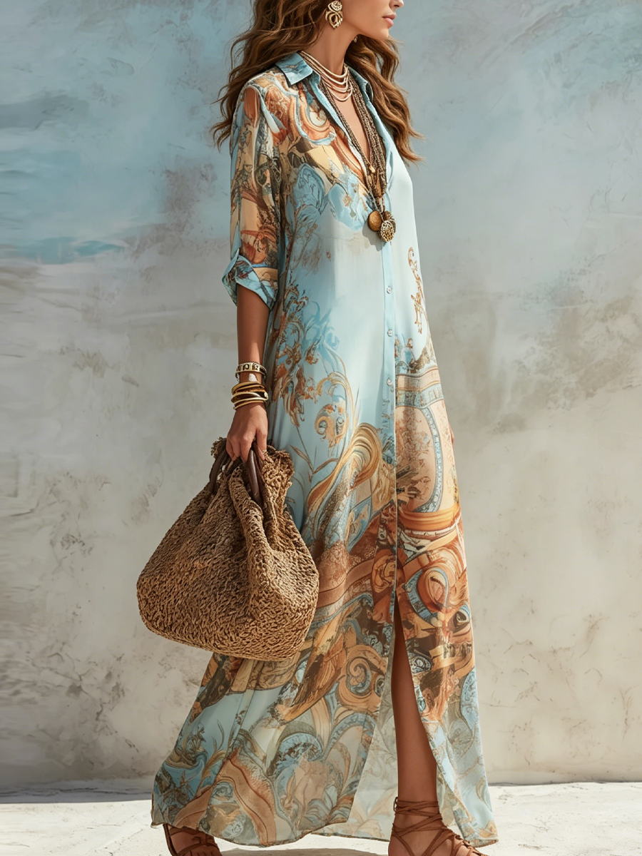 Vestido camisero largo azul con elegante estampado floral
