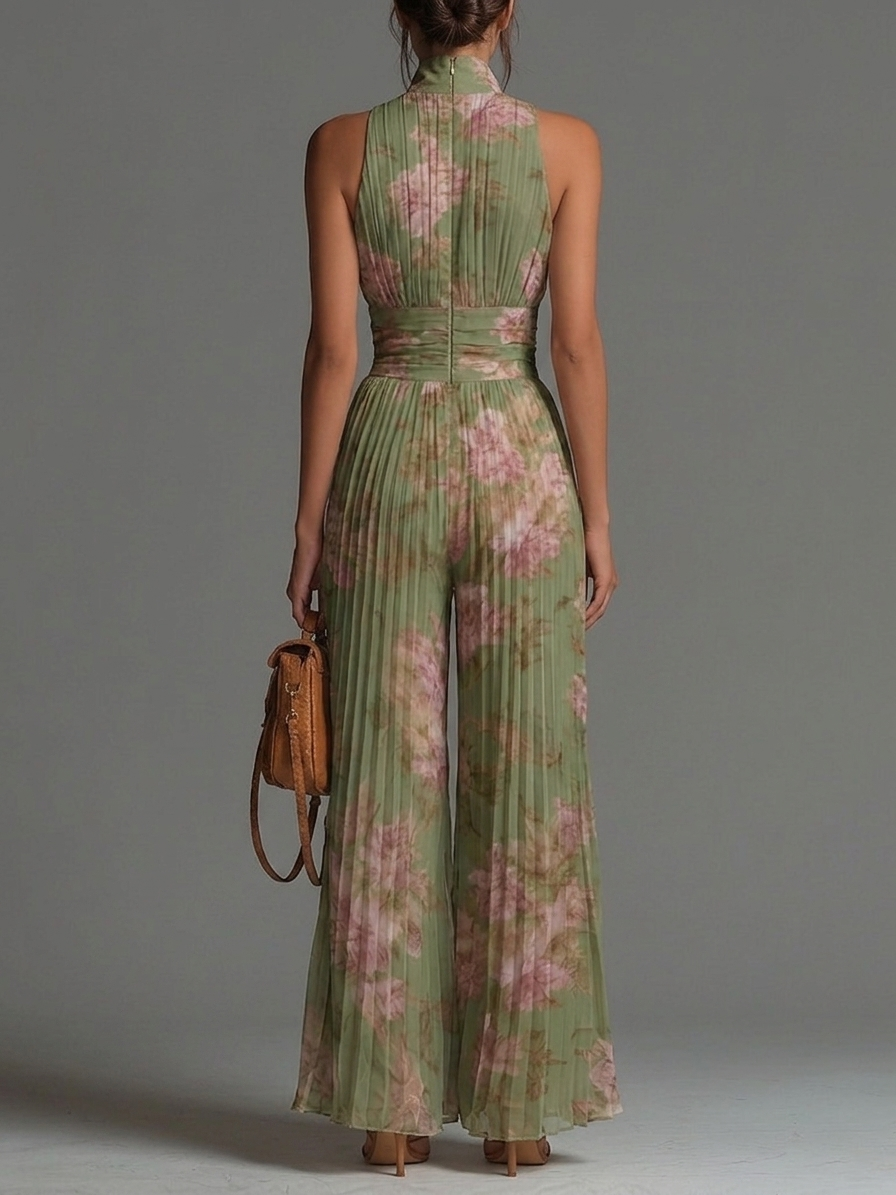 Elegante mono palazzo de gasa verde con estampado floral, escote en V, sin mangas, cierre de cremallera y sofisticados detalles plisados