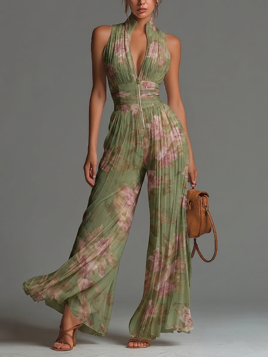 Elegante mono palazzo de gasa verde con estampado floral, escote en V, sin mangas, cierre de cremallera y sofisticados detalles plisados