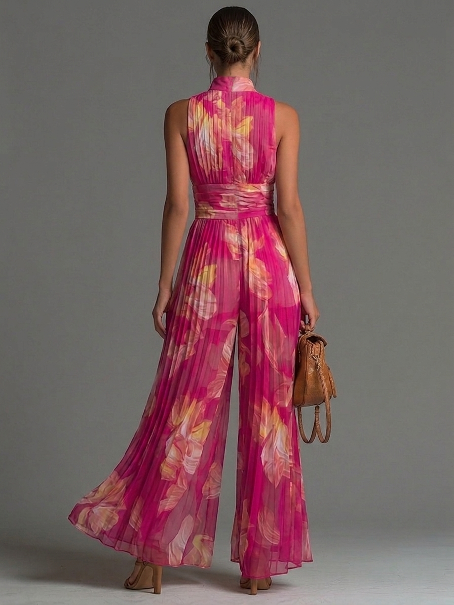 Mono fucsia floral de gasa, sin mangas, con cremallera y pierna ancha