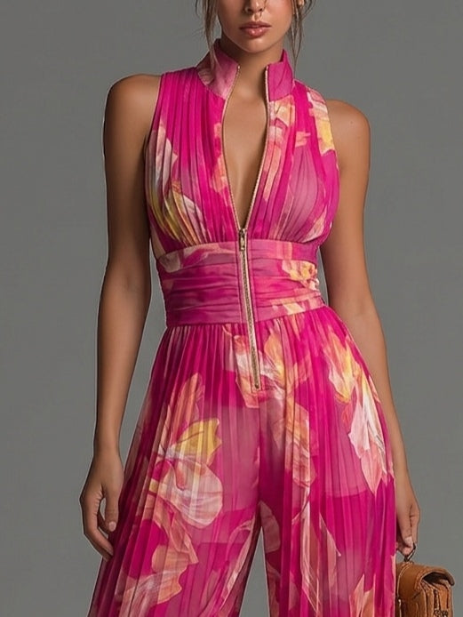 Mono fucsia floral de gasa, sin mangas, con cremallera y pierna ancha
