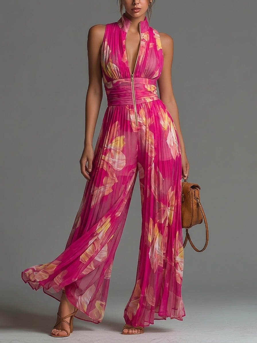 Mono fucsia floral de gasa, sin mangas, con cremallera y pierna ancha
