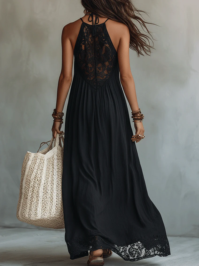 Vestido largo bohemio negro sin mangas con elegantes bordes de encaje