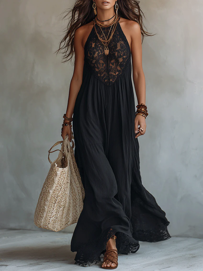 Vestido largo bohemio negro sin mangas con elegantes bordes de encaje