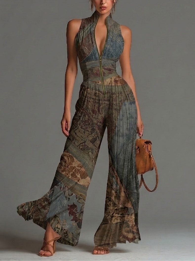 Mono elegante de gasa de pierna larga, sin mangas, con estampado étnico bohemio, cremallera y pliegues refinados
