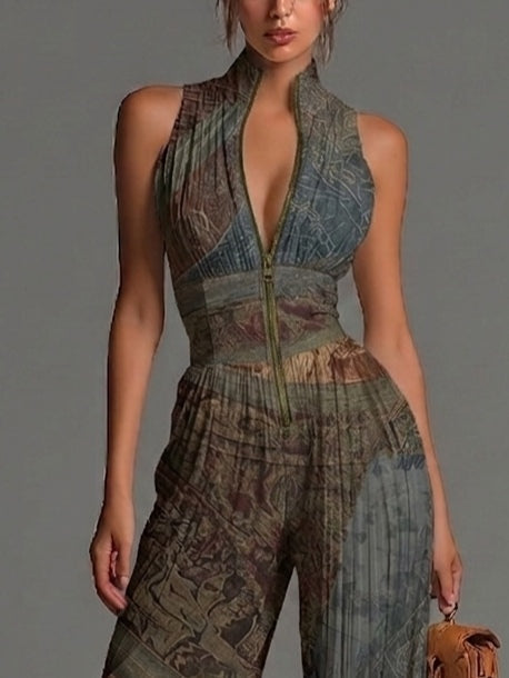 Mono elegante de gasa de pierna larga, sin mangas, con estampado étnico bohemio, cremallera y pliegues refinados