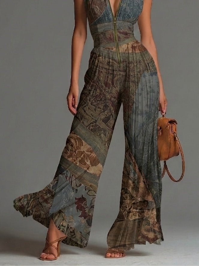 Mono elegante de gasa de pierna larga, sin mangas, con estampado étnico bohemio, cremallera y pliegues refinados