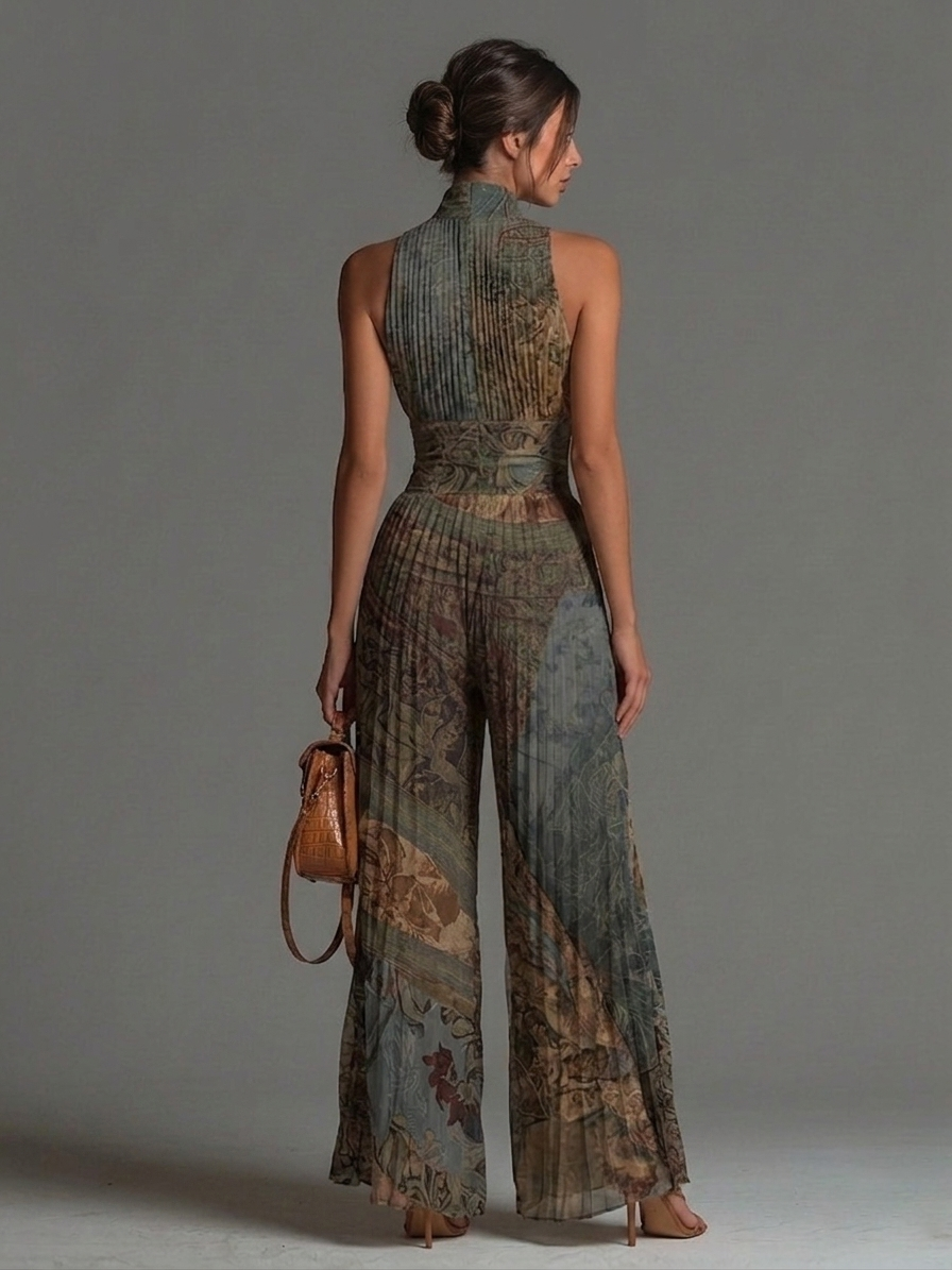 Mono elegante de gasa de pierna larga, sin mangas, con estampado étnico bohemio, cremallera y pliegues refinados