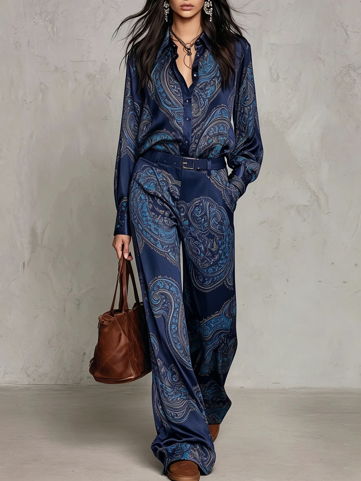 GIULIETTA | Elegante conjunto de satén con camisa paisley burdeos-violeta y pantalones anchos