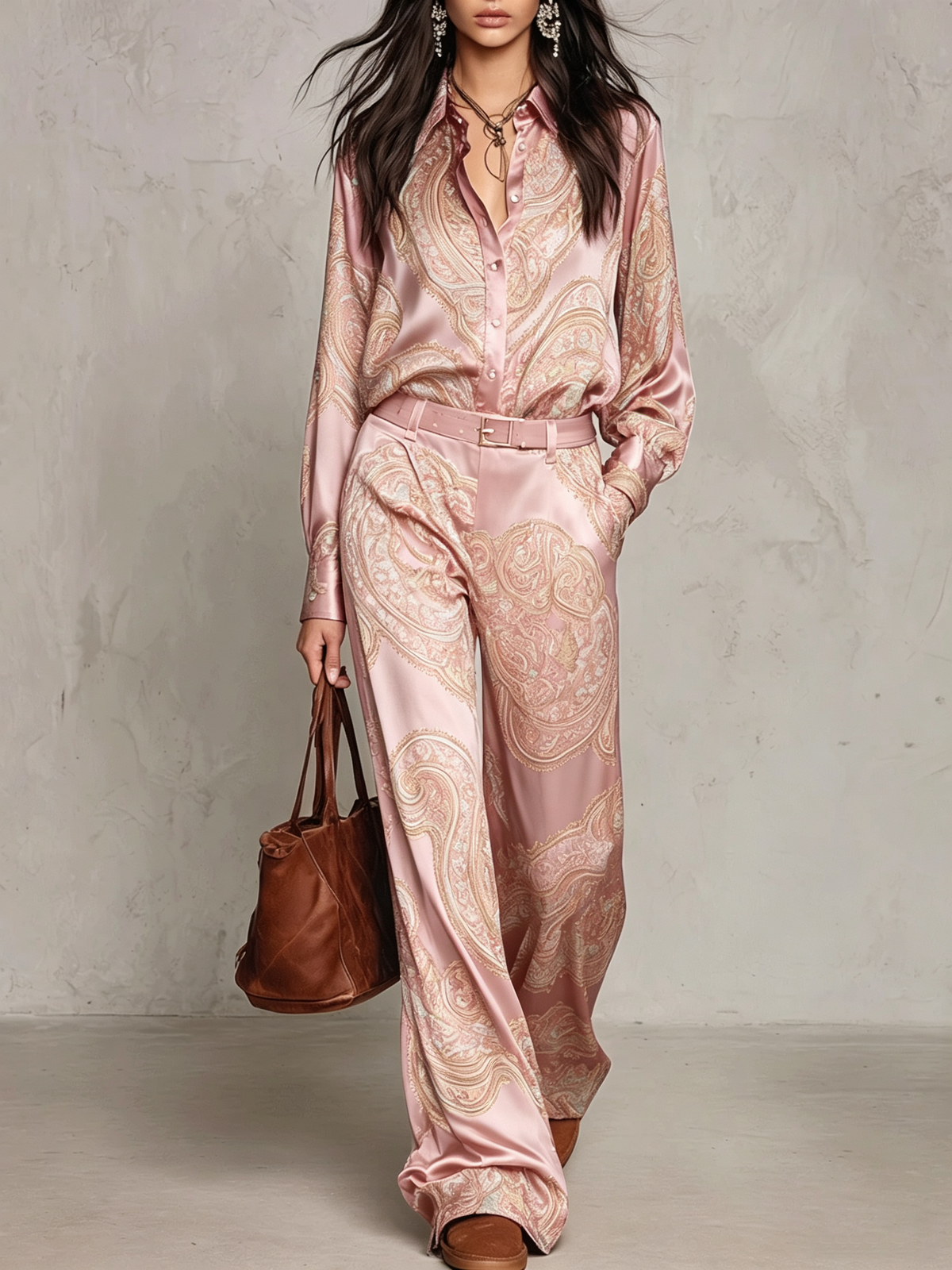 GIULIETTA | Elegante conjunto de satén con camisa paisley burdeos-violeta y pantalones anchos