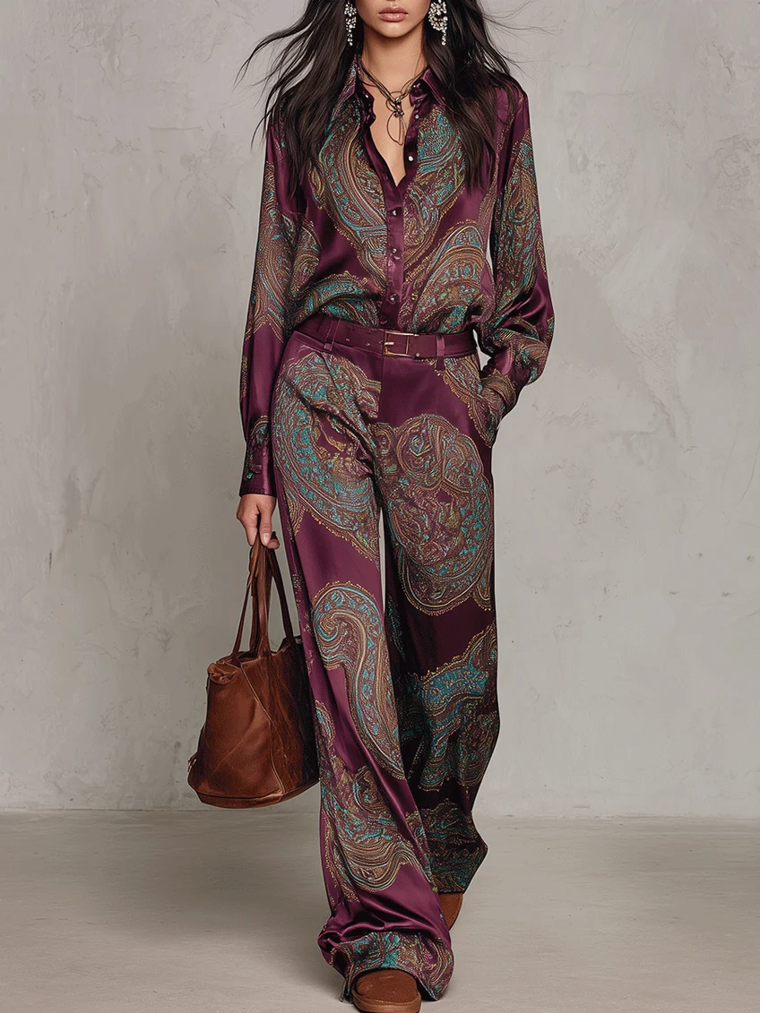 GIULIETTA | Elegante conjunto de satén con camisa paisley burdeos-violeta y pantalones anchos