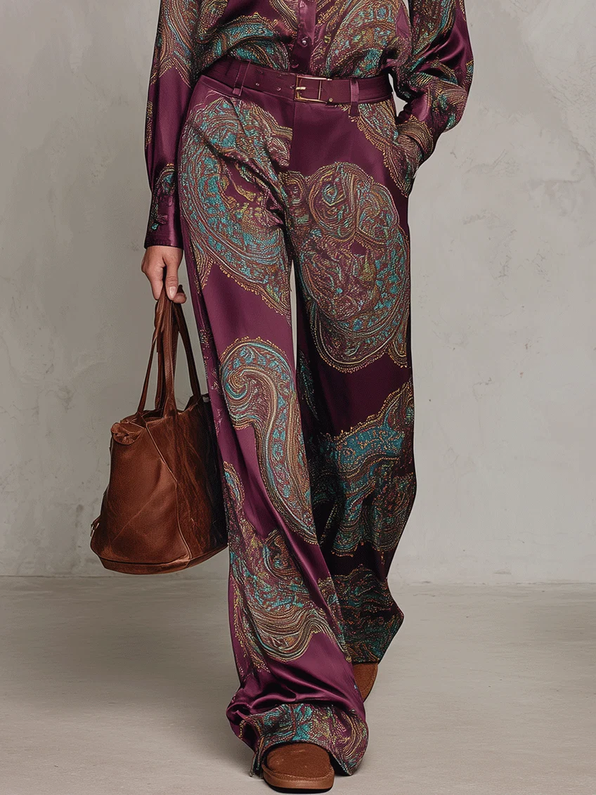 GIULIETTA | Elegante conjunto de satén con camisa paisley burdeos-violeta y pantalones anchos
