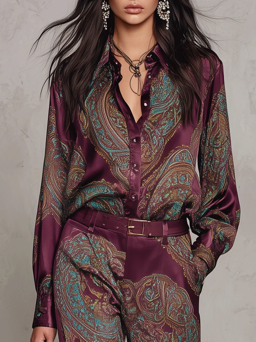 GIULIETTA | Elegante conjunto de satén con camisa paisley burdeos-violeta y pantalones anchos