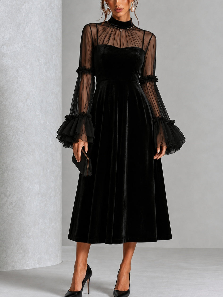 KATERINA | Elegante vestido midi plisado de terciopelo y malla