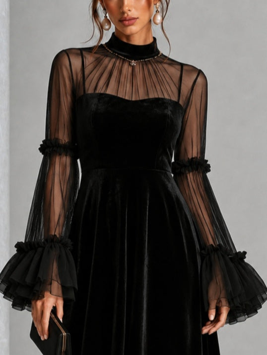 KATERINA | Elegante vestido midi plisado de terciopelo y malla