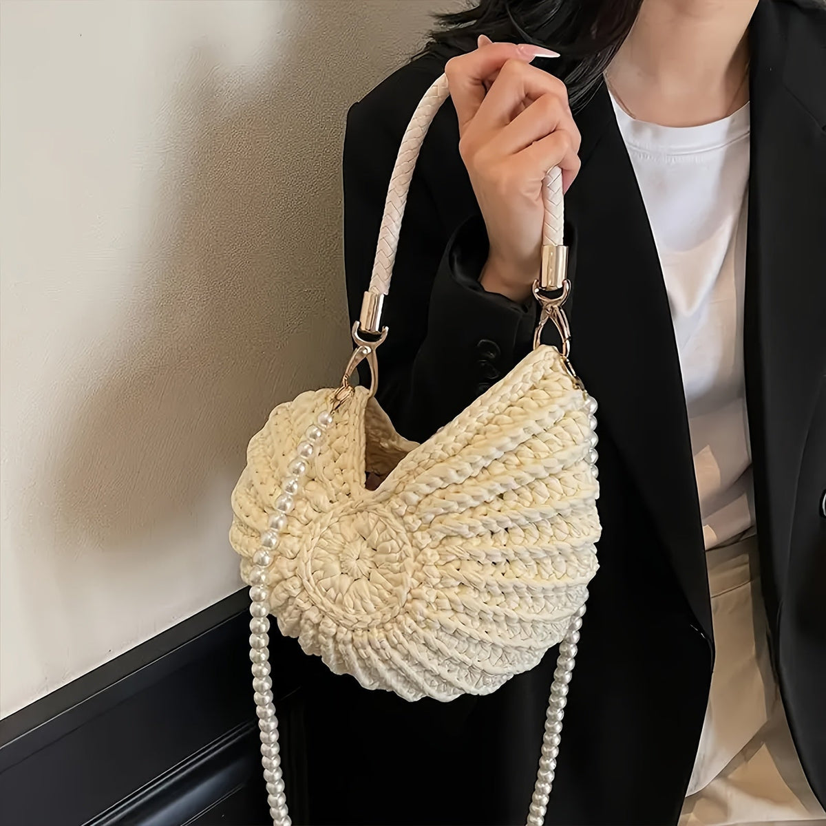 Tamara | Elegante bolso tote trenzado con correa de cadena – Blanco crema