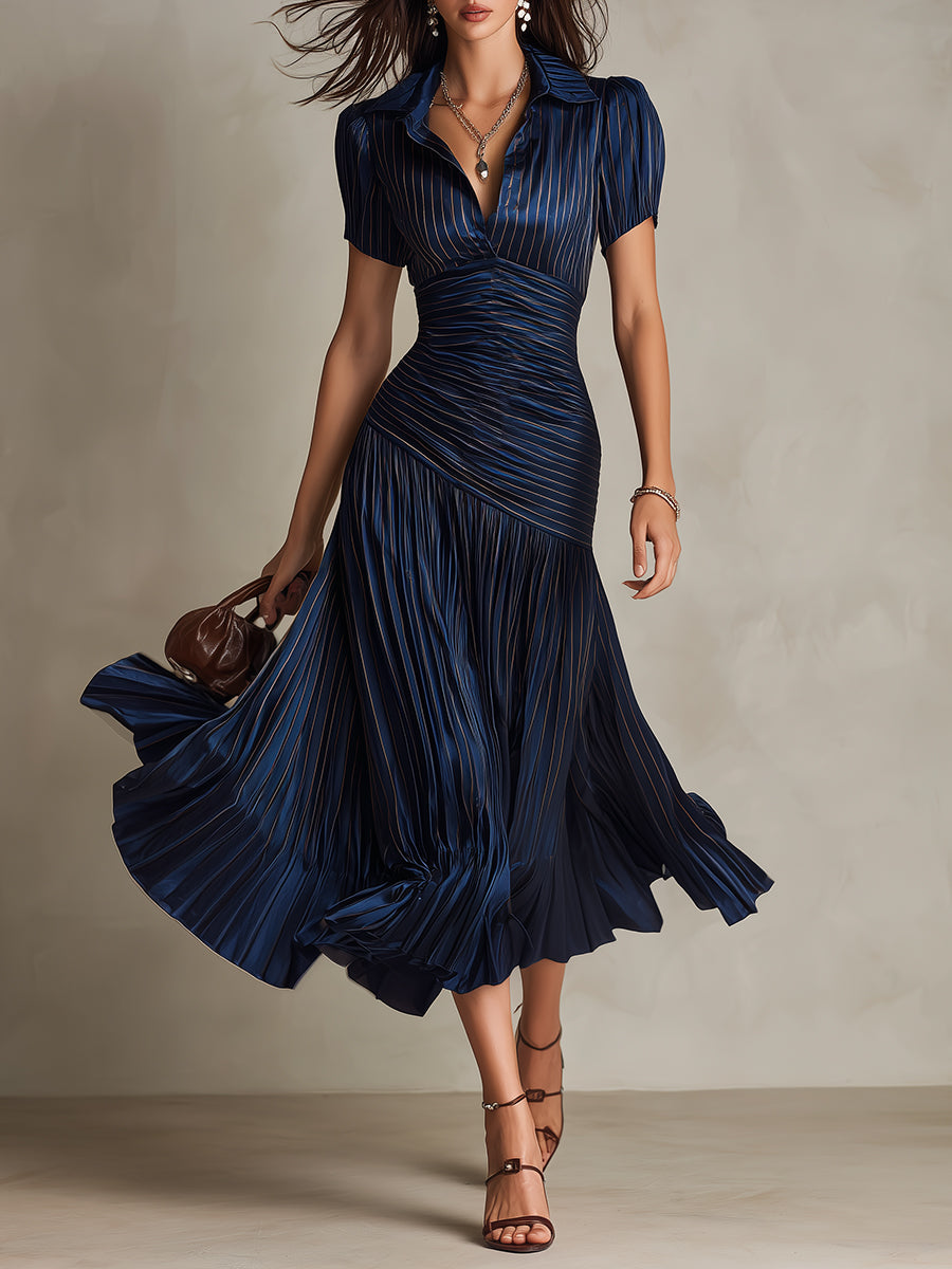 Adriana | Vestido midi de satén a rayas con encanto retro
