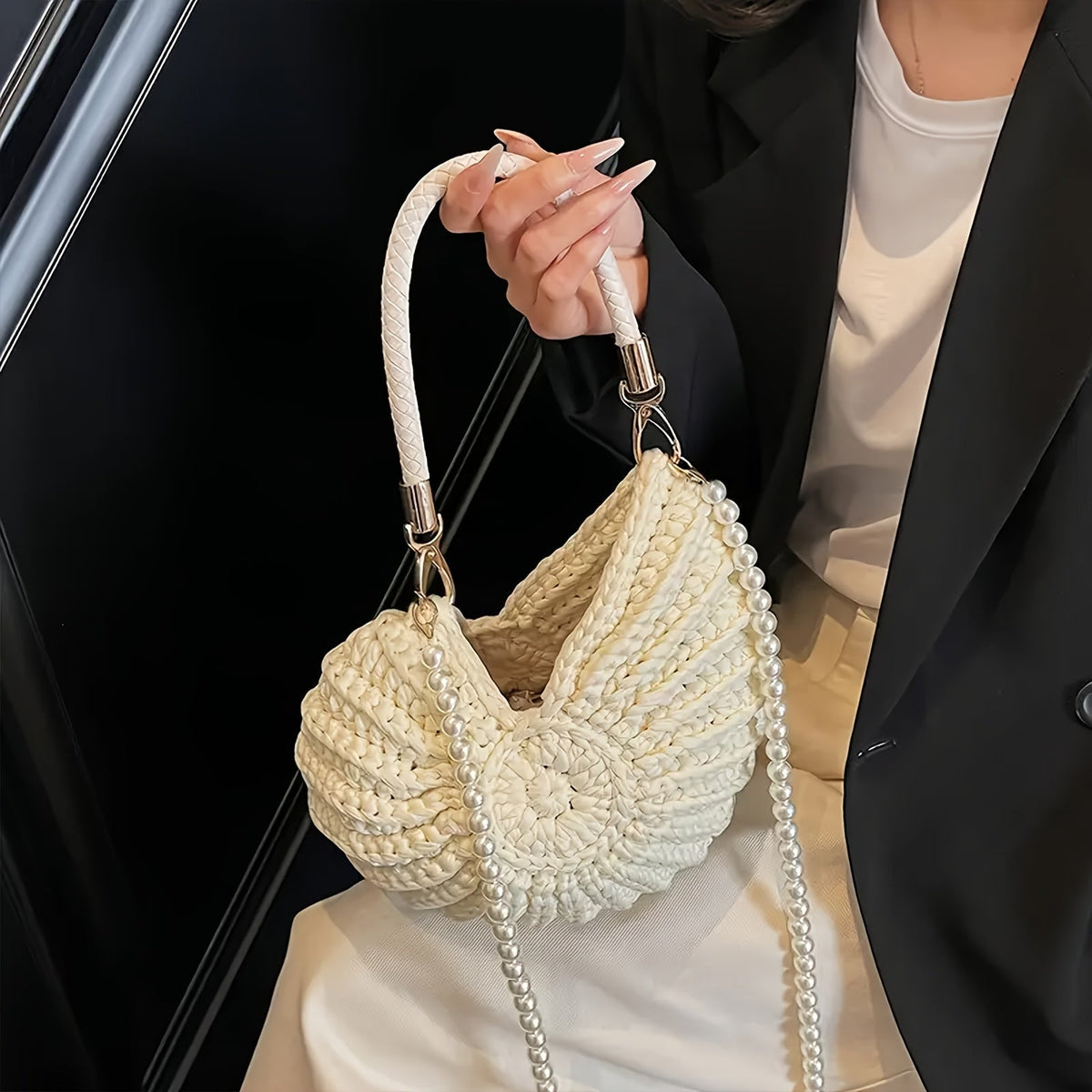 Tamara | Elegante bolso tote trenzado con correa de cadena – Blanco crema