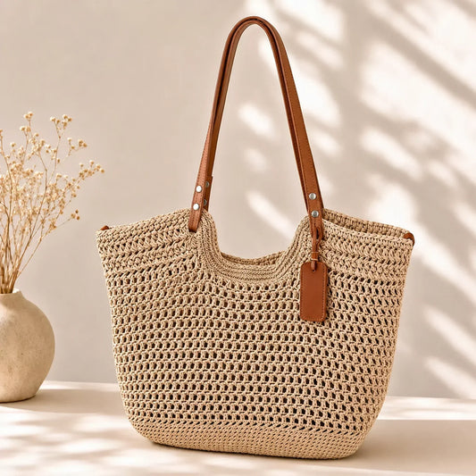 Alina | Bolso shopper beige claro tejido a mano a ganchillo