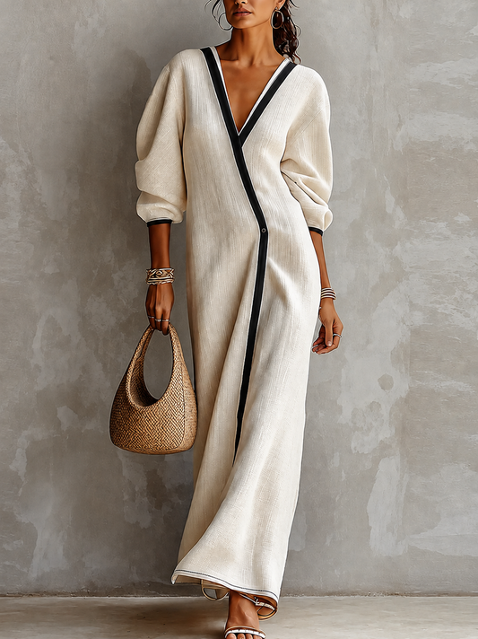 MARTINA | Elegante vestido maxi beige de mezcla de lino