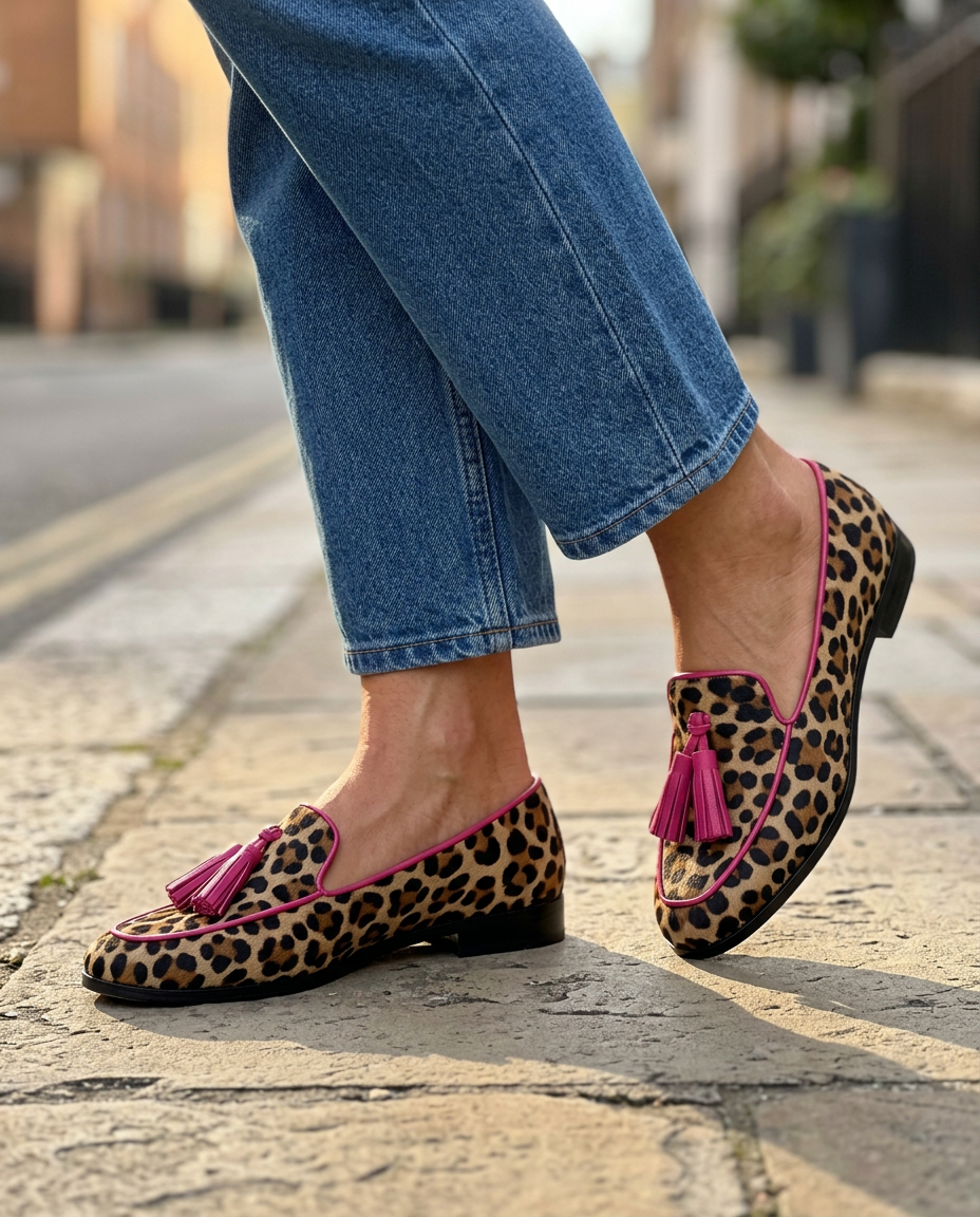 Mocasín Fiamma con Estampado Leopardo, Bordes y Borlas Fucsia