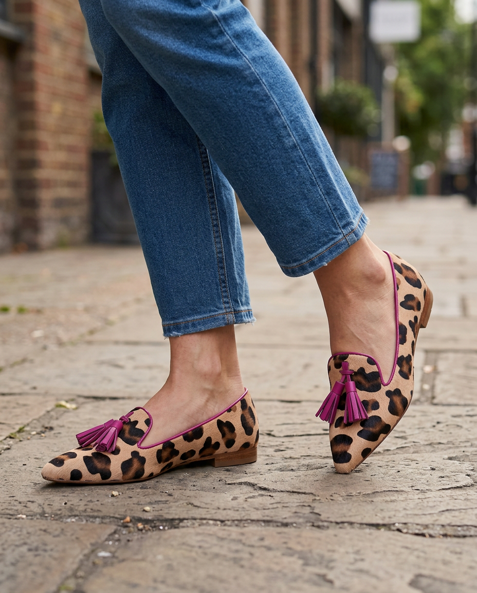 Mocasines elegantes Ginebra de leopardo con borlas fucsias