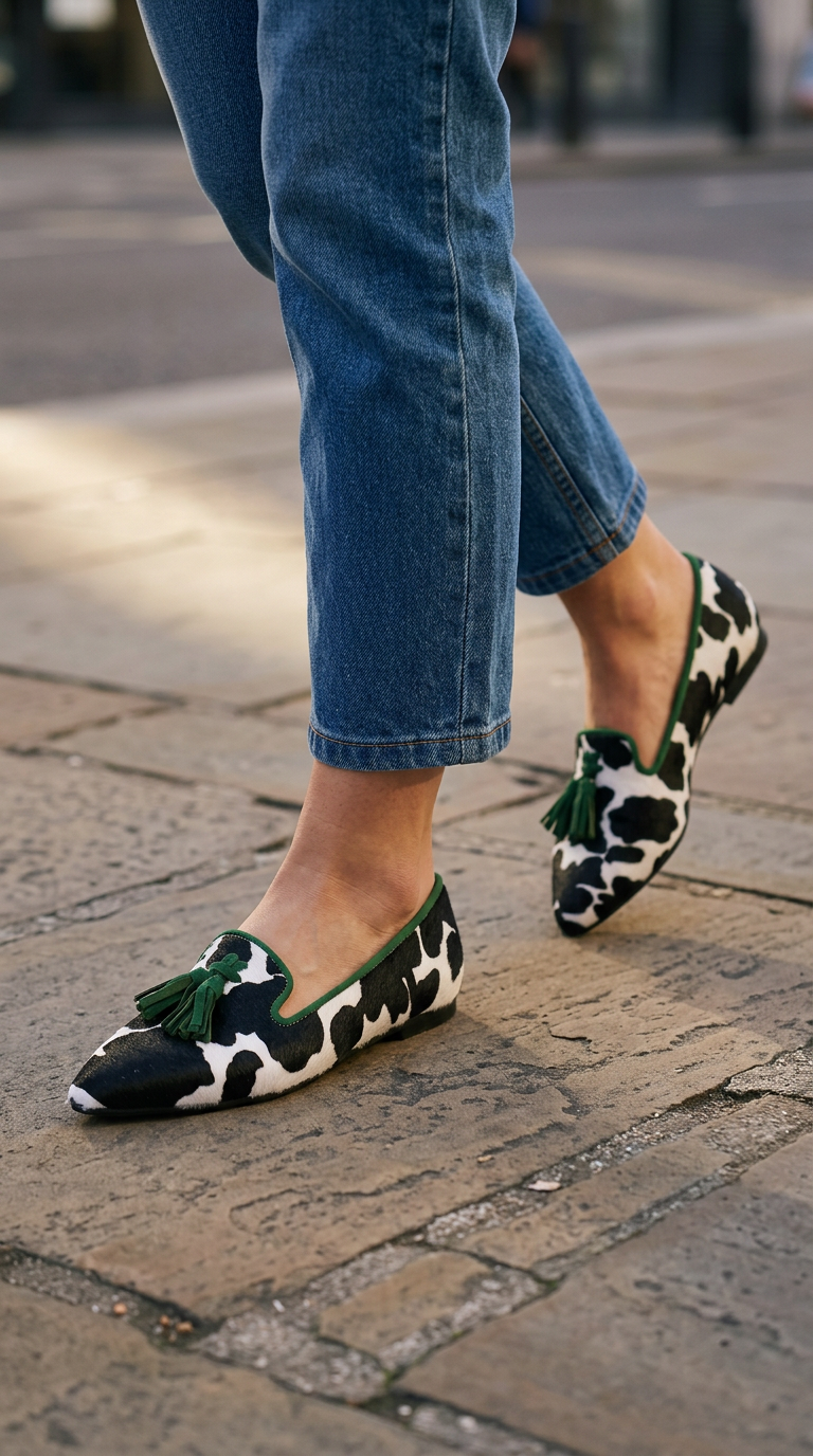 Mocasín Ginebra de piel de vaca en blanco y negro con elegantes borlas verdes
