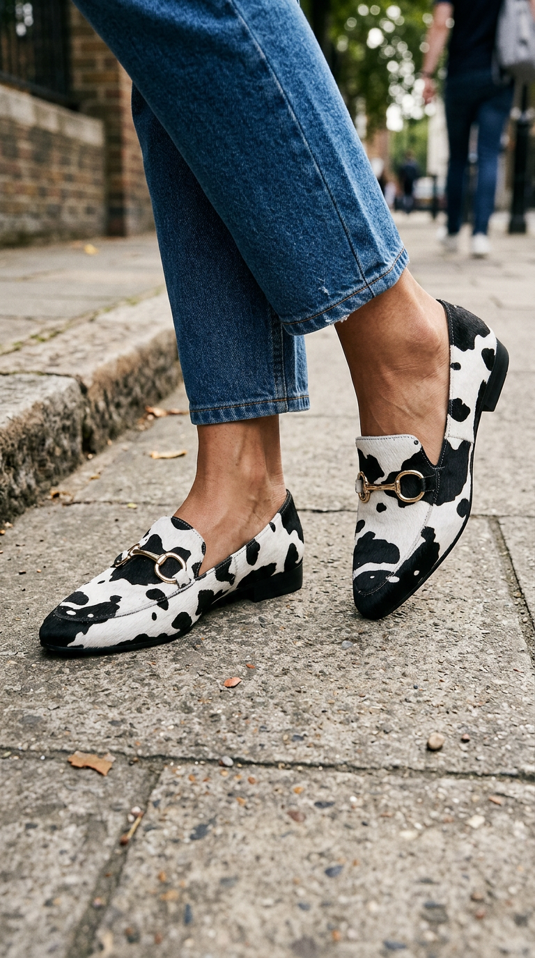 Mocasines de pelo con estampado de leopardo en blanco y negro