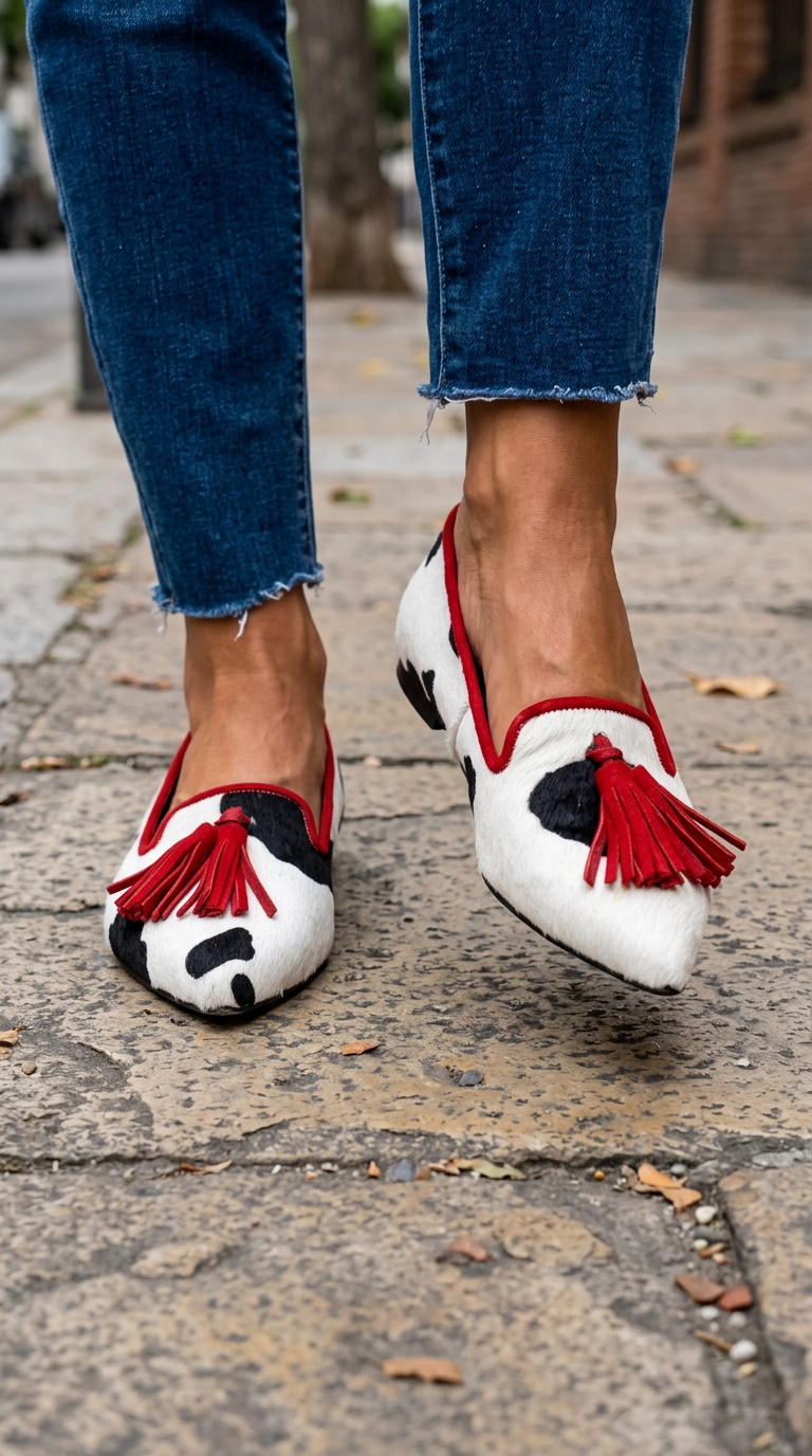 Mocasín Ginebra de vaca — elegante diseño blanco y negro con borlas rojas