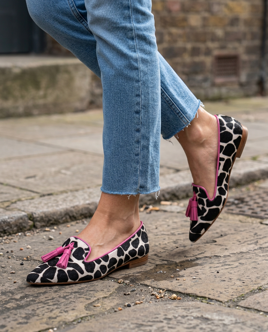 Mocasín Ginebra — Elegante diseño en piel de vaca blanca y negra con borlas rosas