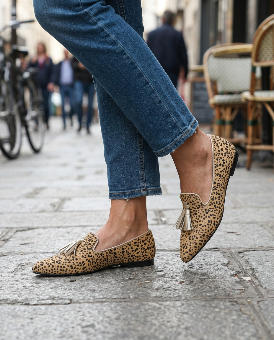 Mocasín Ginevra de Guepardo con Elegantes Borlas Doradas