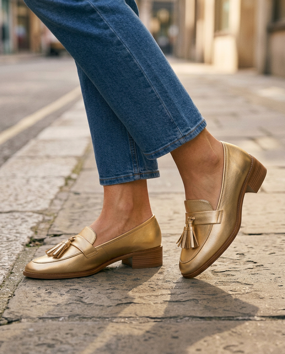 Mocasín Dorotea dorado con elegantes borlas