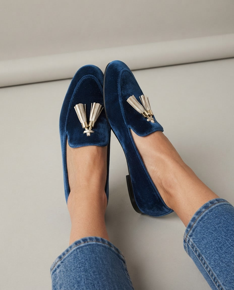 Mocasín Vittoria de terciopelo azul elegante