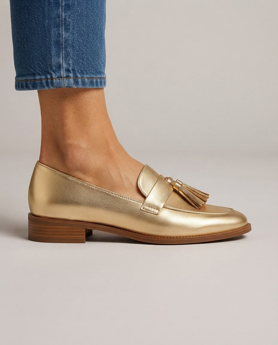 Mocasín Dorotea dorado con elegantes borlas