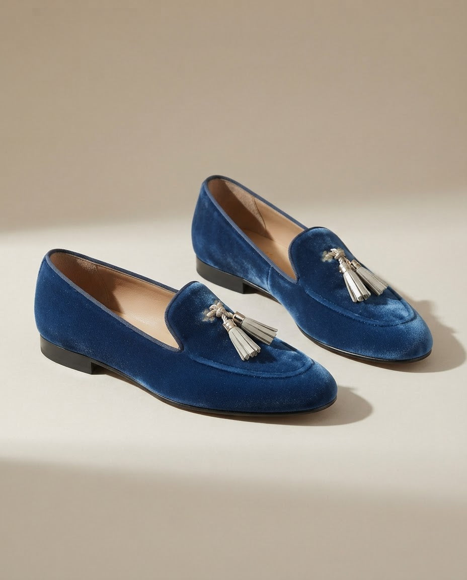 Mocasín Vittoria de terciopelo azul elegante