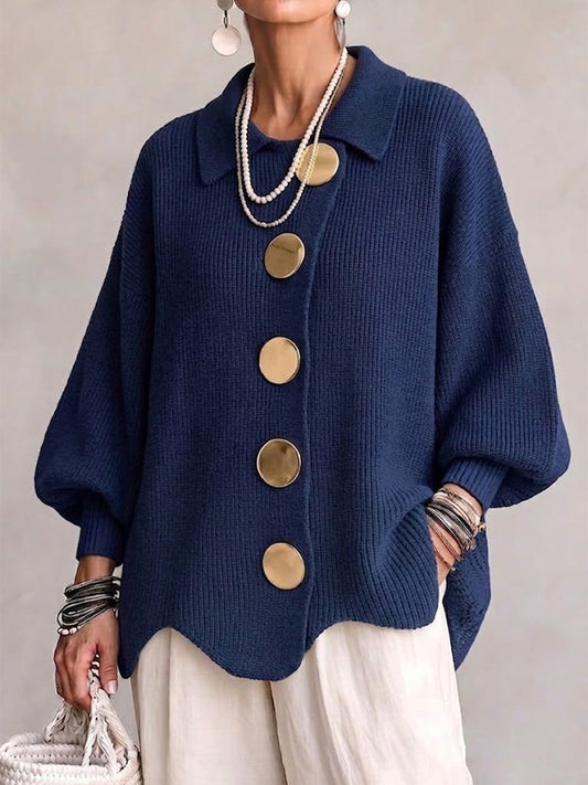 Ella | Cárdigan oversize elegante con cuello y grandes botones metálicos